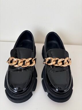 Hand Crafted Black Patent Loafers with Gold Chain Detail